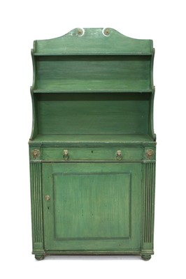 Lot 1709 - Regency style green painted and brass boss mounted waterfall bookcase