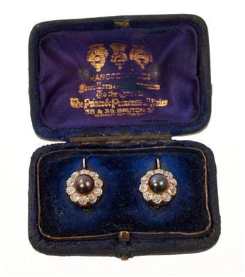 Lot 634 - Pair of Victorian grey pearl and diamond cluster earrings in box