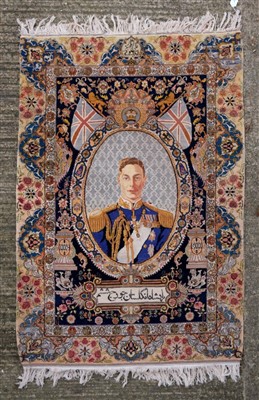Lot 47 - Fine 1930s-1950s Persian silk pictorial rug depicting H.M. King George VI in naval uniform