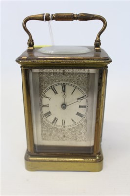 Lot 3528 - French Aiguilles brass carriage clock with later engraved dial