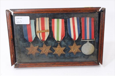 Lot 523 - Second World War medal group comprising 1939 - 1945 Star, Africa Star with 8th Army Clasp, Italy Star, France and Germany Star and War medal, mounted in glazed frame, together with 1939 - 1945 Star