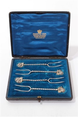 Lot 491 - Good Quality Victorian set of four pickle forks in fitted case (Chester 1897)