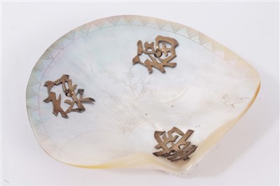 Lot 1267 - Pair of Chinese engraved mother-of-pearl dishes with white metal mounts, together with mother of pearl gaming counters