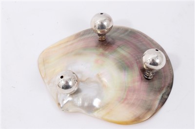 Lot 1267 - Pair of Chinese engraved mother-of-pearl dishes with white metal mounts, together with mother of pearl gaming counters