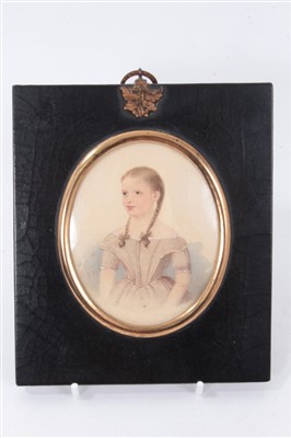 Lot 1188 - C.S. Herve-Victorian watercolour on paper portrait miniature of a girl 'Ella' signed and dated verso- June 16th 1846, in black papier-mâché frame