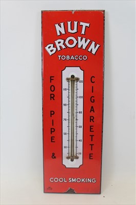 Lot 3520 - Vintage enamel advertising thermometer for Nut Brown Tobacco, Cool Smoking. 57.5cm x 19cm