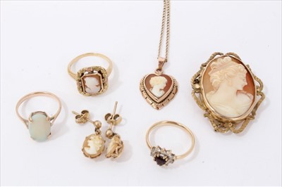 Lot 3257 - Gol carved shell cameo jewellery to include a brooch, pendant, earrings and ring together with two other dress rings