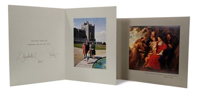 Lot 96 - H.M.Queen Elizabeth II and H.R.H. The Duke of Edinburgh , two signed  Christmas cards for 1961 and 1962 with gilt embossed ciphers to covers and colour print of The Holy Family by Rubens and photog...