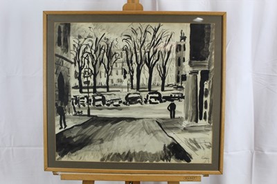 Lot 935 - *Rowland Suddaby (1912-1972) pen, ink and wash - A London Street, signed and dated ‘77, in glazed frame