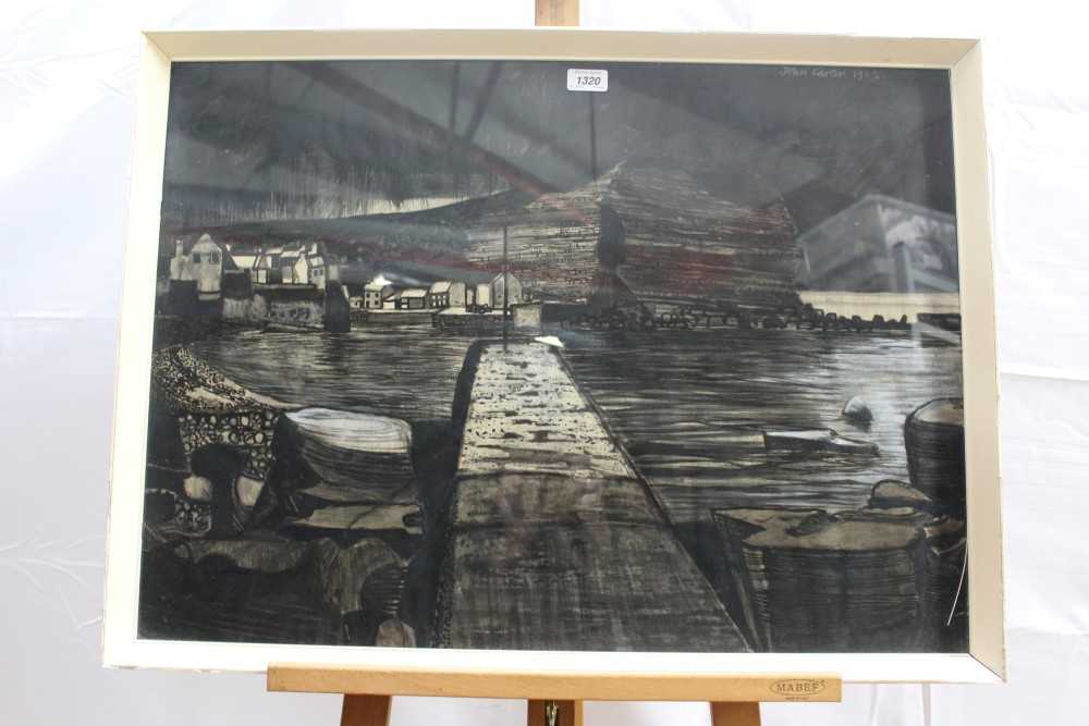 Lot 1320 - John Carter chalk, charcoal and wash - Staithes IV, signed and dated 1962, label verso, in glazed gilt frame