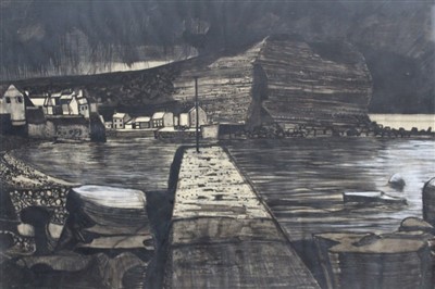 Lot 1320 - John Carter chalk, charcoal and wash - Staithes IV, signed and dated 1962, label verso, in glazed gilt frame
