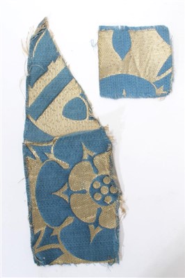 Lot 121 - The Coronation of H.M. King George VI 1937, two fragments of gold bullion thread embroidered blue silk Material from the Coronation hangings