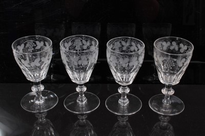 Lot 377 - Collection of twenty-nine late Victorian sherry and liquor glasses with etched vine and leaf borders