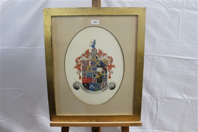 Lot 1307 - A pair of early 20th century oval pen, ink and watercolour armorial relating to the Bigg-Wither Family, in glazed gilt frames, 41cm x 30cm