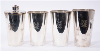 Lot 545 - Edwardian silver plated flask and three beakers with engraved monograms