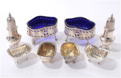 Lot 508 - Pair of Britannia Standard silver pepperettes, four silver salts and two others.