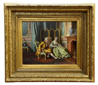 Lot 1588 - Antonio Ermolao Paoletti (1834-1912) oil on panel - A Lady and Gallant bedside the fire, signed, in gilt frame, 41cm x 50cmProvenance: Haynes Fine Art of Broadway