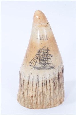 Lot 1261 - Large antique whale tooth bearing scrimshaw engraved ship 'Tala'