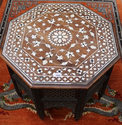 Lot 1694 - Late 19th Century Indian carved hardwood and ivory inlaid octagonal occasional table. Provenance: Major-General de Havilland CBE of Little Horkesley Hall