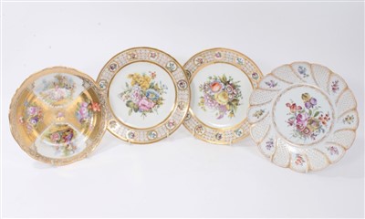 Lot 205 - Pair early 19th century Continental porcelain dessert plates, finely painted with polychrome floral sprays and gilding, with underglaze blue 'A' marks to bases, 22.5cm diameter, and two Dresden por...