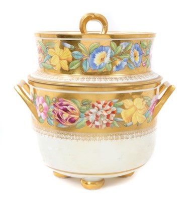 Lot 207 - Early 19th century porcelain ice pail, possibly Swansea, finely painted with floral sprays on a gilt ground, of round form with angular handles and bun feet, the lid with deep rim and scrol...