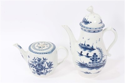 Lot 216 - 18th century Caughley blue and white coffee pot and cover, Rock Strata Island pattern, circa 1775-80, with underglaze 'c' mark to base, 24cm height, and an 18th Century Worcester Blue and White Tea...