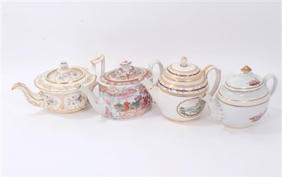 Lot 218 - Late 18th Century Derby Teapot, with painted rural scenes, crown mark to base, and three early 19th century English teapots, including Ridgway, Miles Mason and Coalport. (4)