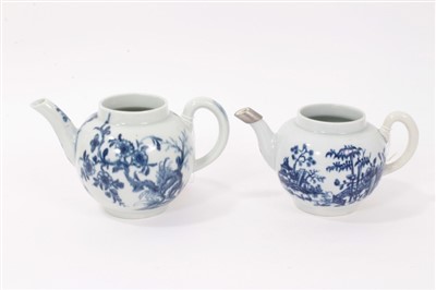 Lot 221 - 18th Century Worcester Teapot, painted in underglaze blue with Prunus Root pattern, circa 1758, and a further Worcester teapot, printed with the Plantation pattern, circa 1760, 9cm and 8cm height....