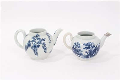 Lot 2 - 18th Century Worcester Teapot, painted in underglaze blue with Prunus Root pattern, circa 1758, and a further Worcester teapot, printed with the Plantation pattern, circa 1760, 9cm and 8cm height....