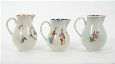 Lot 224 - 18th Century Worcester Sparrowbeak Jug, painted with Oriental figures and children taking tea, the interior rim with underglaze blue foliage and pendant borders, 8.5 cm height, and two further Worc...
