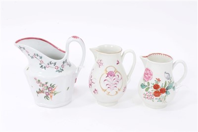 Lot 227 - Late 18th century Worcester cream jug, painted in polychrome enamels with floral sprays, and two further cream jugs, to include a Worcester example painted in puce with floral sprays, and a New Hal...