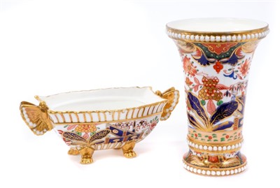 Lot 231 - Early 19th century Spode spill vase, painted in the Imari palette with gilding and white beadwork borders, and a further Spode trough, decorated in a similar style, with butterfly handles and paw f...