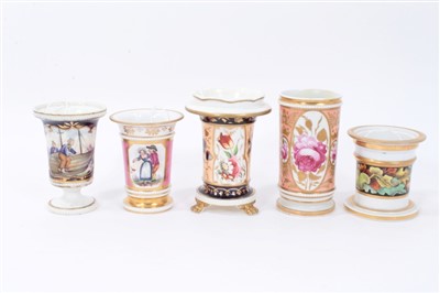 Lot 233 - Collection of five early 19th Century English spill vases, some with painted figural scenes, foliage, and flowers, 8.5cm to 12.5cm height. (5)