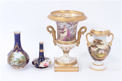 Lot 234 - Early 19th century English porcelain, to include a pedestal vase, painted with a figural scene, two smaller vases painted with landscape scenes, and a bottle vase painted in polychrome enamels with...