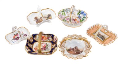Lot 236 - Six early 19th Century English porcelain baskets, to include a Chamberlains Worcester example painted with Worcester Cathedral, a further Chamberlains Worcester example painted with a city scene,...