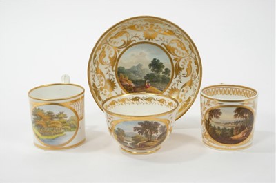 Lot 239 - Early 19th Century Derby porcelain teawares, painted with various titled scenes, with gilt patterned decoration, assorted puce and red marks to bases. (4)