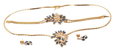 Lot 673 - Sapphire and diamond cluster necklace, bracelet and earrings