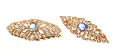 Lot 685 - Tanzanite and diamond brooch and an aquamarine and diamond brooch (2)