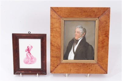 Lot 245 - 19th Century English porcelain plaque, painted with a portrait of an elderly gentleman wearing black coat and cravat, in maple frame, the plaque measuring 14.5cm x 11.5cm, and the frame measuring 2...