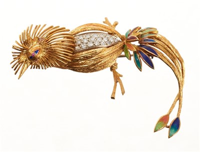 Lot 691 - 18ct gold diamond and enamel brooch in the form of an exotic bird