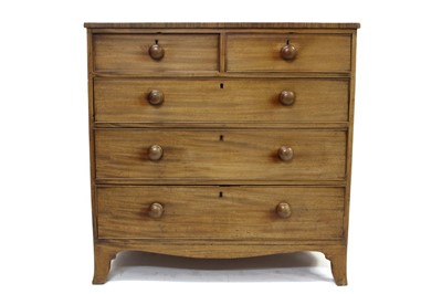 Lot 1696 - Mid 19th century mahogany chest of two short and three long drawers with bun handles on bracket feet