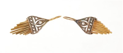 Lot 601 - Pair of Art Deco diamond and gold earrings, each with articulated gold tassel drops and rose cut diamonds, 30mm