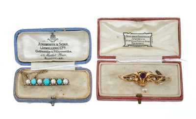 Lot 602 - Late Victorian pearl, turquoise and diamond bar brooch with three turquoise cabochons interspaced by four half pearls and diamond accents to the claws (pearls not tested for natural origin) togethe...