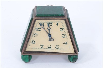 Lot 1172 - Art Deco Swiss silver and malachite desk clock