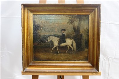 Lot 1301 - Victorian English school oil on canvas - a young boy on a grey pony, in gilt frame, 29cm x 34cm