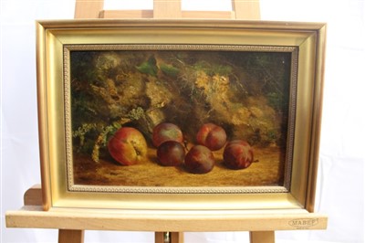 Lot 1302 - William Hughes (1842-1901) oil on panel - still life of fruit on a woodland floor, signed and dated 1863, in gilt frame, 21.5cm x 34cm