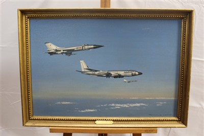 Lot 1308 - Ronald Wong, 20th century, oil on canvas - 'U.S.A.F Boeing R.C.135 Intercepted By Two Soviet S.U.15's In 1983', signed, in gilt frame, 45cm x 68cm 
 Provenance: The Parker Gallery