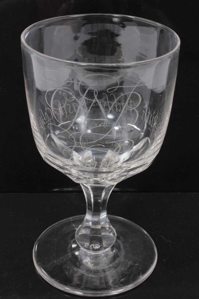 Lot 378 - Presentation crystal wine goblet engraved with monogram and the names Charlie, Marchesa, Ruth, Paddy, Basil, Colin, Mary. Signed to the underside ‘David Peace 1968’ (David Peace has a bowl in. The...