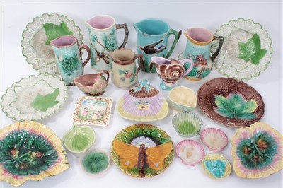 Lot 280 - Collection of 19th century majolica, to include 8 leaf-form dessert dishes by Griffen, Smith and Hill, a Holdcroft jug, and various other jugs and dishes. (29)