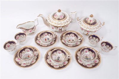 Lot 283 - Good quality early 19th century English part tea and coffee service, possibly Ridgeway, well painted with figural pastoral scenes, with floral sprays and gilt and blue patterns. (17)